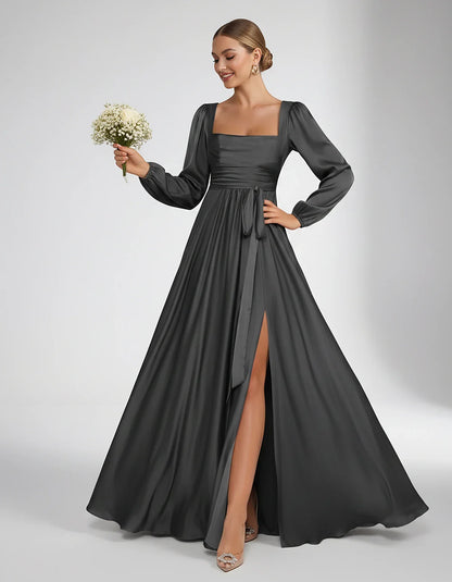 Satin Long Sleeve Square Neck A-Line Maxi Dress with Side Slit for Bridesmaid, Party, Cocktail, Evening, Wedding Guest & Summ | SKU: AMD-864521903781546-BLACK-L,AMD-864521903781546-BLACK-M,AMD-864521903781546-BLACK-S,AMD-864521903781546-BLACK-XL,AMD-864521903781546-BLACK-XS
