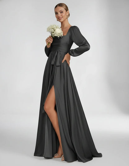 Satin Long Sleeve Square Neck A-Line Maxi Dress with Side Slit for Bridesmaid, Party, Cocktail, Evening, Wedding Guest & Summ | SKU: AMD-864521903781546-BLACK-L,AMD-864521903781546-BLACK-M,AMD-864521903781546-BLACK-S,AMD-864521903781546-BLACK-XL,AMD-864521903781546-BLACK-XS