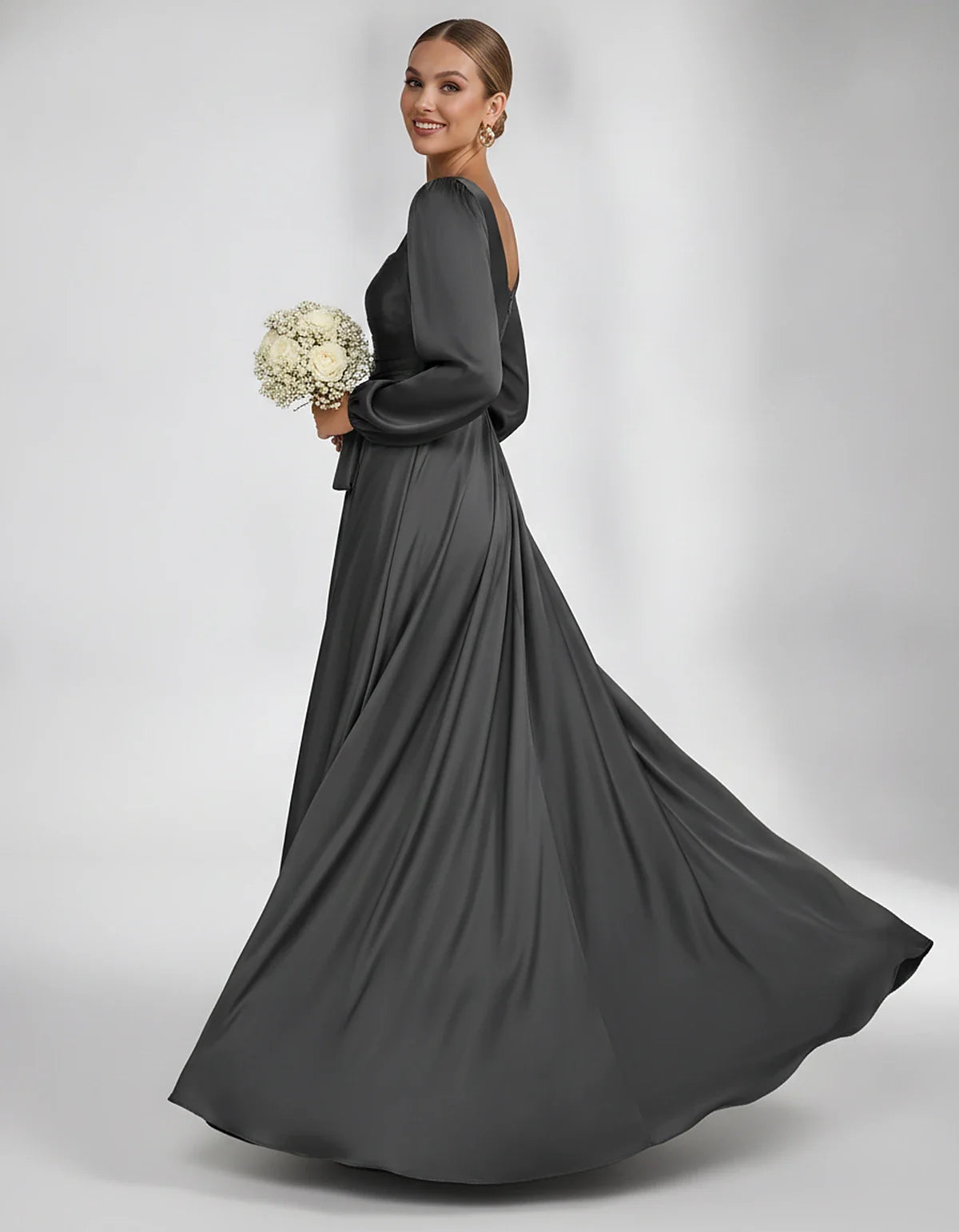Satin Long Sleeve Square Neck A-Line Maxi Dress with Side Slit for Bridesmaid, Party, Cocktail, Evening, Wedding Guest & Summ | SKU: AMD-864521903781546-BLACK-L,AMD-864521903781546-BLACK-M,AMD-864521903781546-BLACK-S,AMD-864521903781546-BLACK-XL,AMD-864521903781546-BLACK-XS