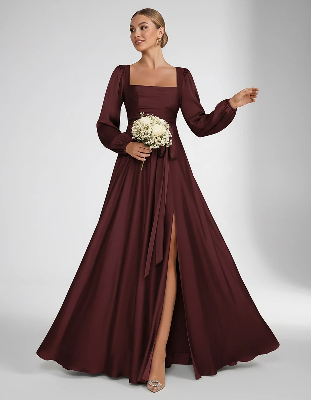 Satin Long Sleeve Square Neck A-Line Maxi Dress with Side Slit for Bridesmaid, Party, Cocktail, Evening, Wedding Guest & Summ | SKU: AMD-864521903781546-BURGUNDY-L,AMD-864521903781546-BURGUNDY-M,AMD-864521903781546-BURGUNDY-S,AMD-864521903781546-BURGUNDY-XL,AMD-864521903781546-BURGUNDY-XS