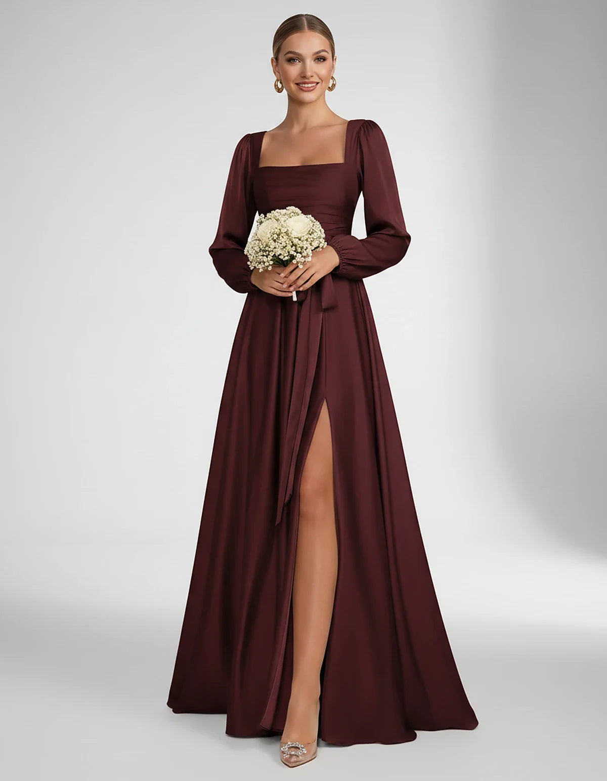 Satin Long Sleeve Square Neck A-Line Maxi Dress with Side Slit for Bridesmaid, Party, Cocktail, Evening, Wedding Guest & Summ | SKU: AMD-864521903781546-BURGUNDY-L,AMD-864521903781546-BURGUNDY-M,AMD-864521903781546-BURGUNDY-S,AMD-864521903781546-BURGUNDY-XL,AMD-864521903781546-BURGUNDY-XS