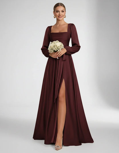 Satin Long Sleeve Square Neck A-Line Maxi Dress with Side Slit for Bridesmaid, Party, Cocktail, Evening, Wedding Guest & Summ | SKU: AMD-864521903781546-BURGUNDY-L,AMD-864521903781546-BURGUNDY-M,AMD-864521903781546-BURGUNDY-S,AMD-864521903781546-BURGUNDY-XL,AMD-864521903781546-BURGUNDY-XS