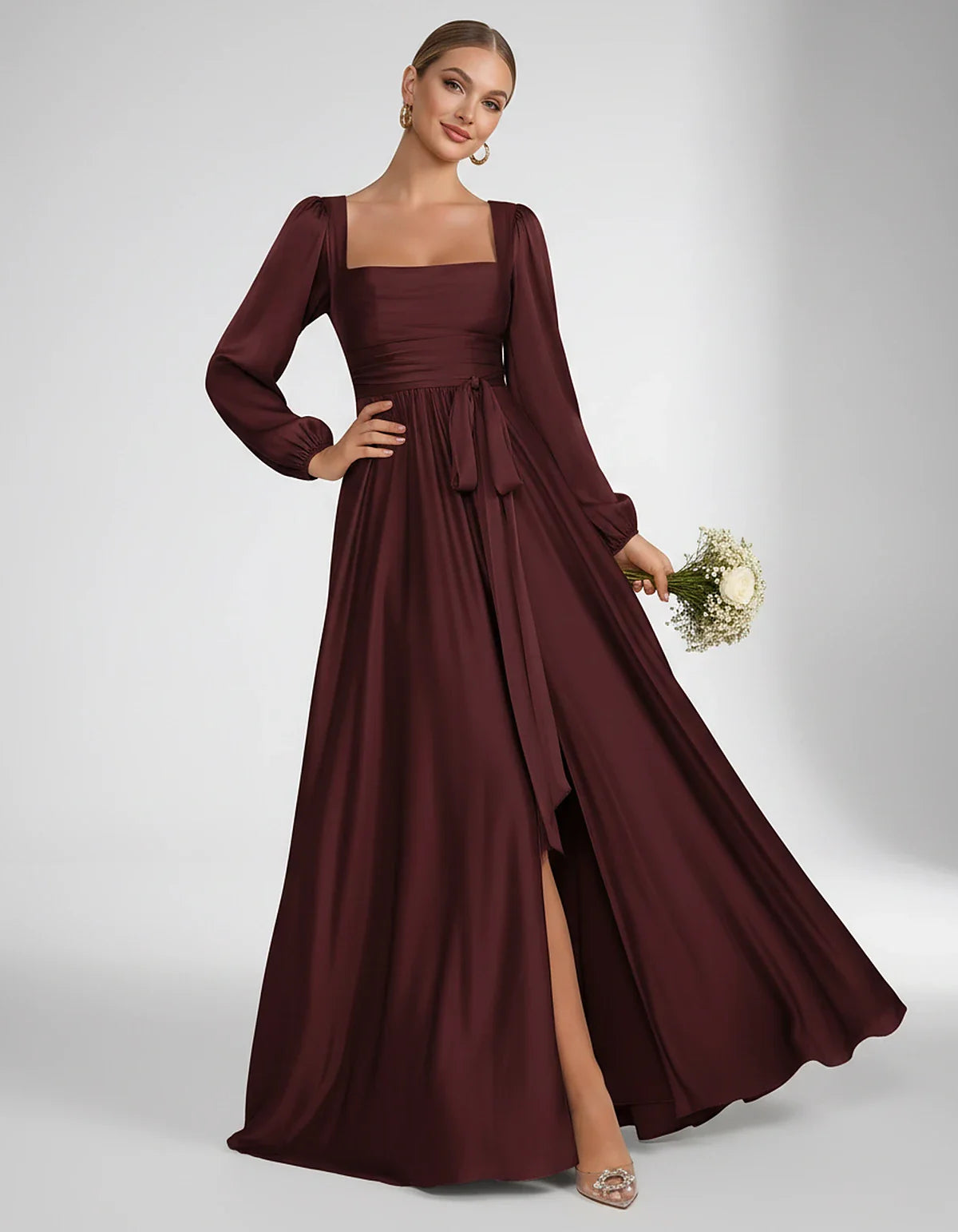 Satin Long Sleeve Square Neck A-Line Maxi Dress with Side Slit for Bridesmaid, Party, Cocktail, Evening, Wedding Guest & Summ | SKU: AMD-864521903781546-BURGUNDY-L,AMD-864521903781546-BURGUNDY-M,AMD-864521903781546-BURGUNDY-S,AMD-864521903781546-BURGUNDY-XL,AMD-864521903781546-BURGUNDY-XS