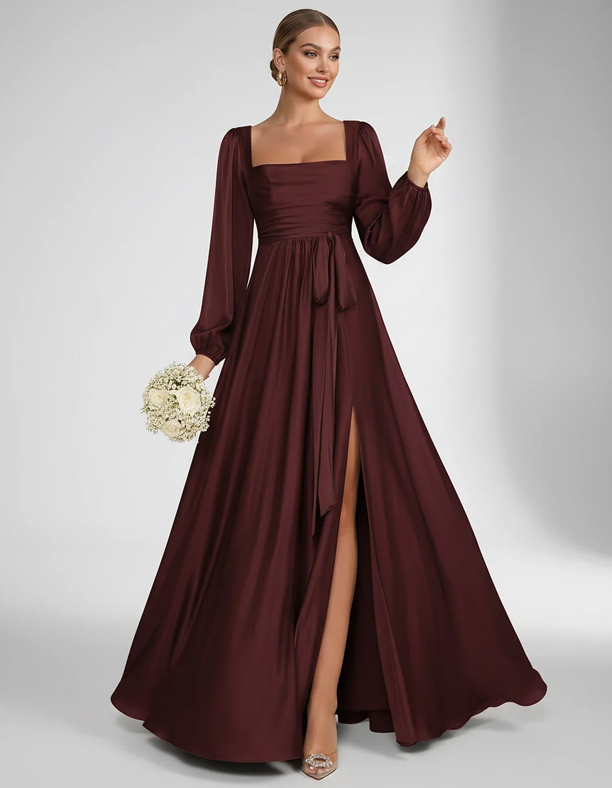 Satin Long Sleeve Square Neck A-Line Maxi Dress with Side Slit for Bridesmaid, Party, Cocktail, Evening, Wedding Guest & Summ | SKU: AMD-864521903781546-BURGUNDY-L,AMD-864521903781546-BURGUNDY-M,AMD-864521903781546-BURGUNDY-S,AMD-864521903781546-BURGUNDY-XL,AMD-864521903781546-BURGUNDY-XS