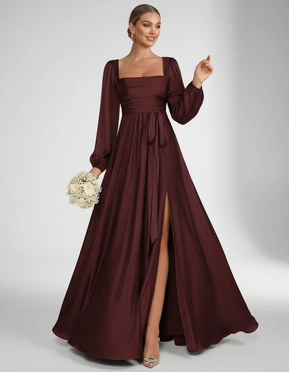 Satin Long Sleeve Square Neck A-Line Maxi Dress with Side Slit for Bridesmaid, Party, Cocktail, Evening, Wedding Guest & Summ | SKU: AMD-864521903781546-BURGUNDY-L,AMD-864521903781546-BURGUNDY-M,AMD-864521903781546-BURGUNDY-S,AMD-864521903781546-BURGUNDY-XL,AMD-864521903781546-BURGUNDY-XS
