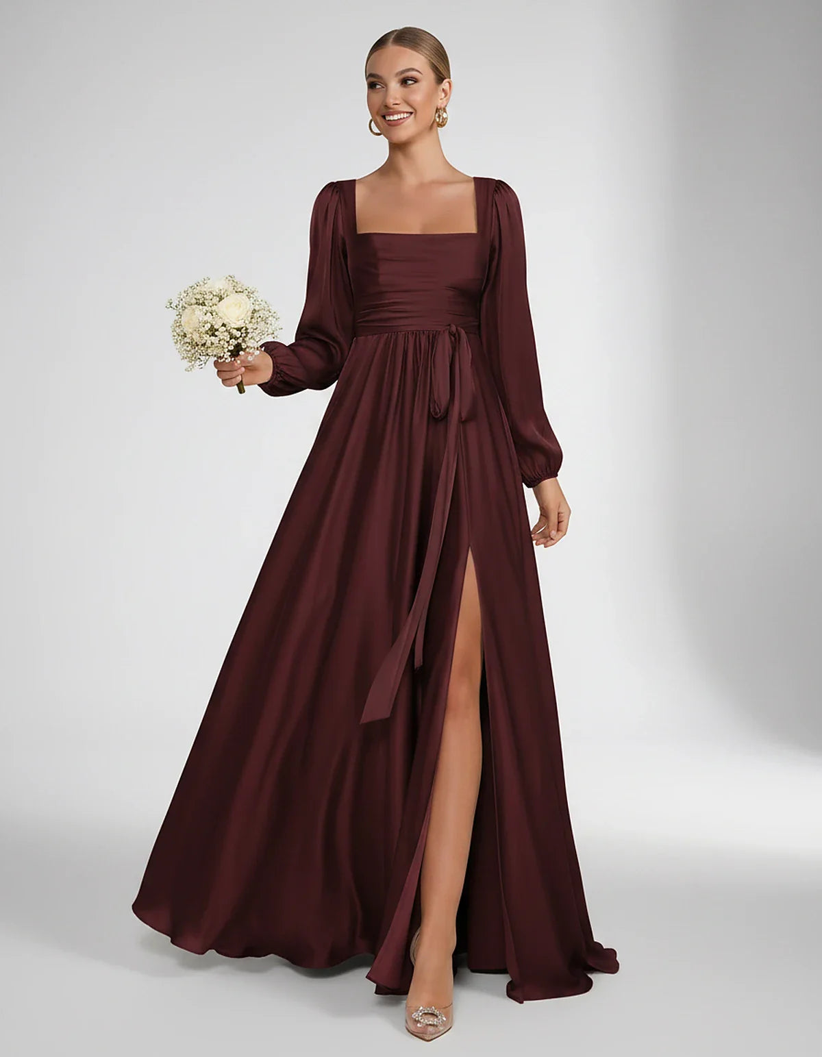 Satin Long Sleeve Square Neck A-Line Maxi Dress with Side Slit for Bridesmaid, Party, Cocktail, Evening, Wedding Guest & Summ | SKU: AMD-864521903781546-BURGUNDY-L,AMD-864521903781546-BURGUNDY-M,AMD-864521903781546-BURGUNDY-S,AMD-864521903781546-BURGUNDY-XL,AMD-864521903781546-BURGUNDY-XS