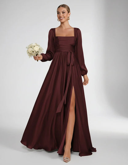 Satin Long Sleeve Square Neck A-Line Maxi Dress with Side Slit for Bridesmaid, Party, Cocktail, Evening, Wedding Guest & Summ | SKU: AMD-864521903781546-BURGUNDY-L,AMD-864521903781546-BURGUNDY-M,AMD-864521903781546-BURGUNDY-S,AMD-864521903781546-BURGUNDY-XL,AMD-864521903781546-BURGUNDY-XS