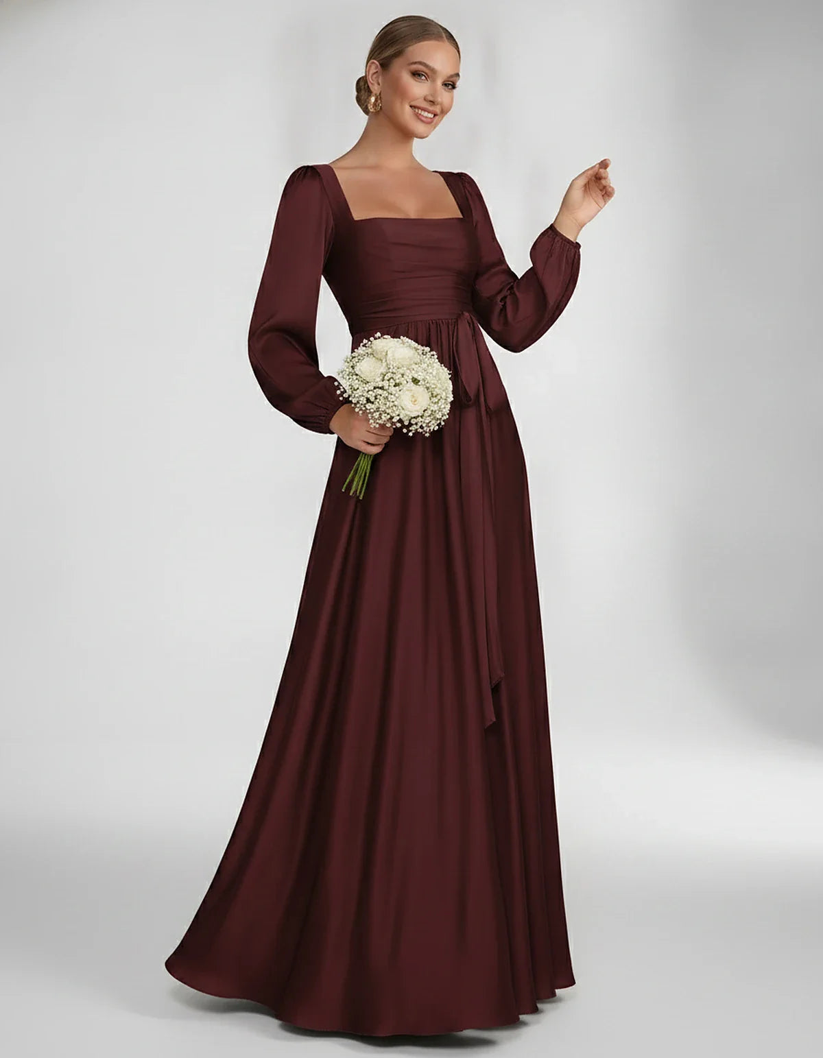 Satin Long Sleeve Square Neck A-Line Maxi Dress with Side Slit for Bridesmaid, Party, Cocktail, Evening, Wedding Guest & Summ | SKU: AMD-864521903781546-BURGUNDY-L,AMD-864521903781546-BURGUNDY-M,AMD-864521903781546-BURGUNDY-S,AMD-864521903781546-BURGUNDY-XL,AMD-864521903781546-BURGUNDY-XS