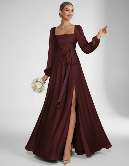 Satin Long Sleeve Square Neck A-Line Maxi Dress with Side Slit for Bridesmaid, Party, Cocktail, Evening, Wedding Guest & Summ | SKU: AMD-864521903781546-BURGUNDY-L,AMD-864521903781546-BURGUNDY-M,AMD-864521903781546-BURGUNDY-S,AMD-864521903781546-BURGUNDY-XL,AMD-864521903781546-BURGUNDY-XS