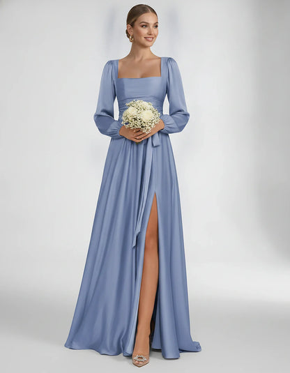 Satin Long Sleeve Square Neck A-Line Maxi Dress with Side Slit for Bridesmaid, Party, Cocktail, Evening, Wedding Guest & Summ | SKU: AMD-864521903781546-DUSTY-BLUE-L,AMD-864521903781546-DUSTY-BLUE-M,AMD-864521903781546-DUSTY-BLUE-S,AMD-864521903781546-DUSTY-BLUE-XL,AMD-864521903781546-DUSTY-BLUE-XS