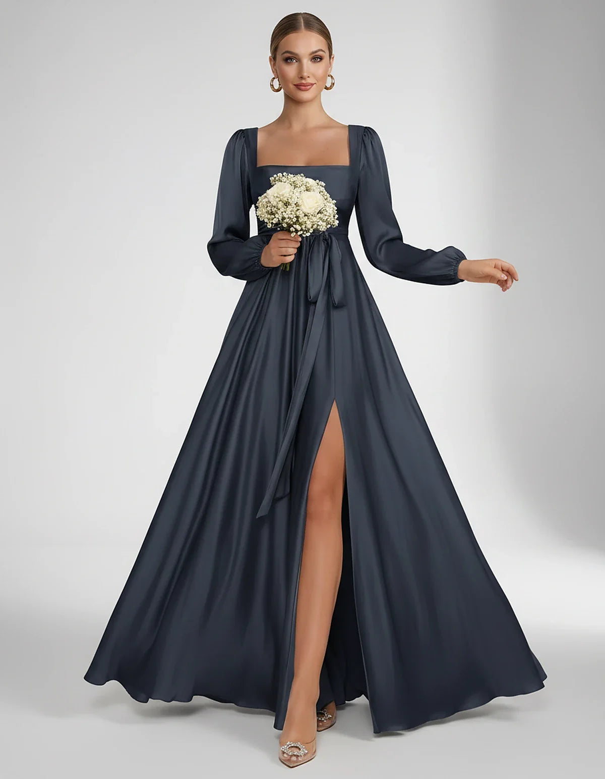 Satin Long Sleeve Square Neck A-Line Maxi Dress with Side Slit for Bridesmaid, Party, Cocktail, Evening, Wedding Guest & Summ | SKU: AMD-864521903781546-NAVY-L,AMD-864521903781546-NAVY-M,AMD-864521903781546-NAVY-S,AMD-864521903781546-NAVY-XL,AMD-864521903781546-NAVY-XS