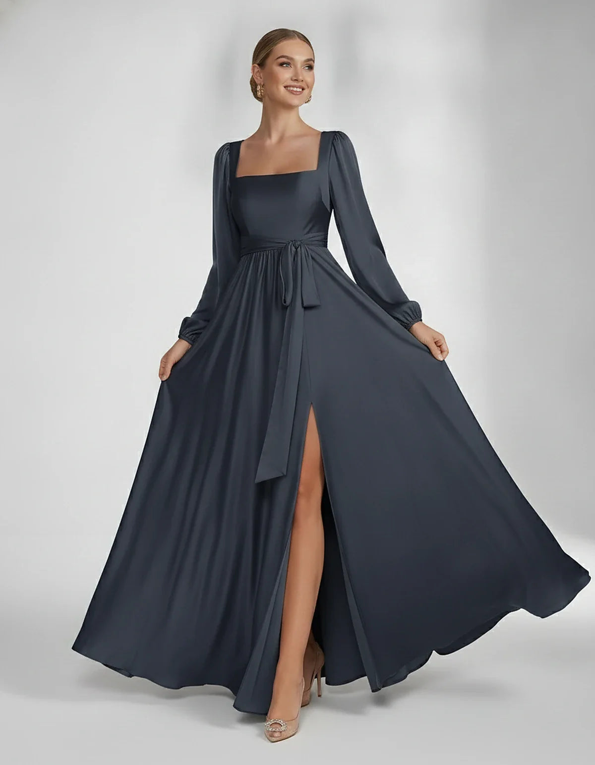 Satin Long Sleeve Square Neck A-Line Maxi Dress with Side Slit for Bridesmaid, Party, Cocktail, Evening, Wedding Guest & Summ | SKU: AMD-864521903781546-NAVY-L,AMD-864521903781546-NAVY-M,AMD-864521903781546-NAVY-S,AMD-864521903781546-NAVY-XL,AMD-864521903781546-NAVY-XS