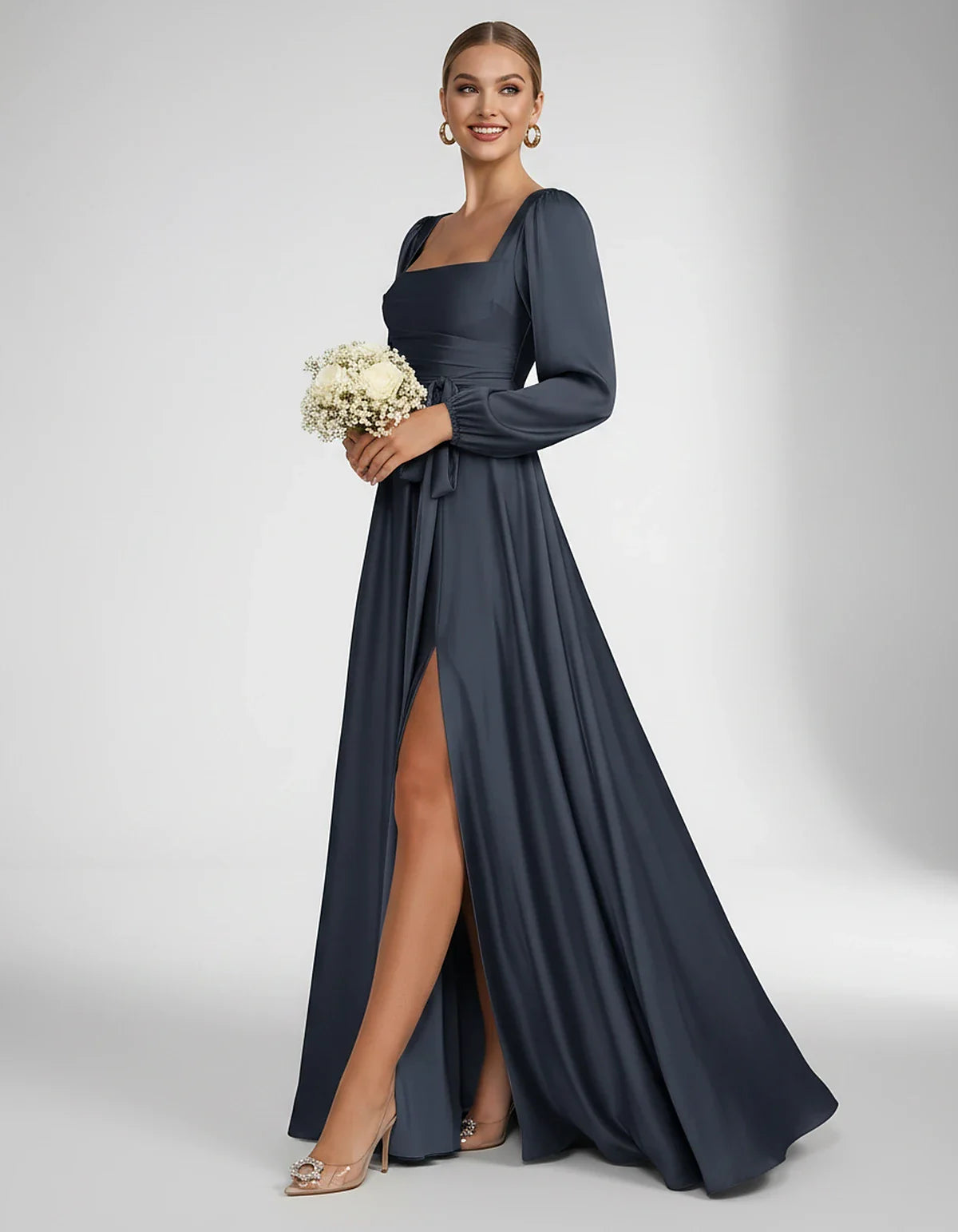 Satin Long Sleeve Square Neck A-Line Maxi Dress with Side Slit for Bridesmaid, Party, Cocktail, Evening, Wedding Guest & Summ | SKU: AMD-864521903781546-NAVY-L,AMD-864521903781546-NAVY-M,AMD-864521903781546-NAVY-S,AMD-864521903781546-NAVY-XL,AMD-864521903781546-NAVY-XS