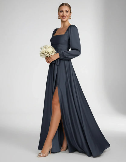 Satin Long Sleeve Square Neck A-Line Maxi Dress with Side Slit for Bridesmaid, Party, Cocktail, Evening, Wedding Guest & Summ | SKU: AMD-864521903781546-NAVY-L,AMD-864521903781546-NAVY-M,AMD-864521903781546-NAVY-S,AMD-864521903781546-NAVY-XL,AMD-864521903781546-NAVY-XS