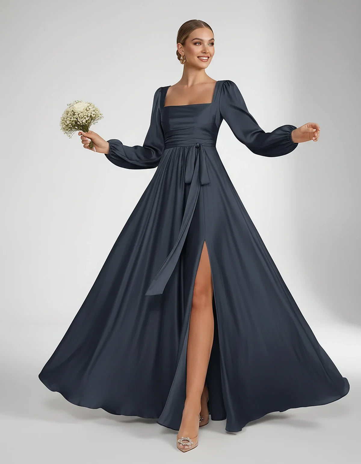Satin Long Sleeve Square Neck A-Line Maxi Dress with Side Slit for Bridesmaid, Party, Cocktail, Evening, Wedding Guest & Summ | SKU: AMD-864521903781546-NAVY-L,AMD-864521903781546-NAVY-M,AMD-864521903781546-NAVY-S,AMD-864521903781546-NAVY-XL,AMD-864521903781546-NAVY-XS