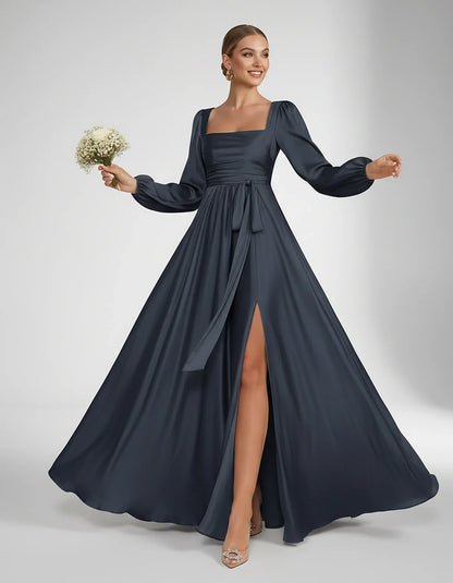 Satin Long Sleeve Square Neck A-Line Maxi Dress with Side Slit for Bridesmaid, Party, Cocktail, Evening, Wedding Guest & Summ | SKU: AMD-864521903781546-NAVY-L,AMD-864521903781546-NAVY-M,AMD-864521903781546-NAVY-S,AMD-864521903781546-NAVY-XL,AMD-864521903781546-NAVY-XS