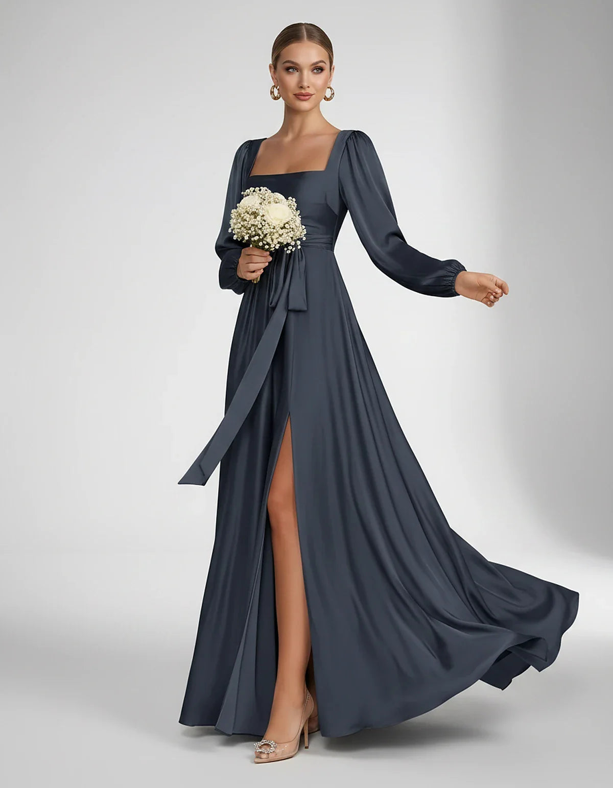 Satin Long Sleeve Square Neck A-Line Maxi Dress with Side Slit for Bridesmaid, Party, Cocktail, Evening, Wedding Guest & Summ | SKU: AMD-864521903781546-NAVY-L,AMD-864521903781546-NAVY-M,AMD-864521903781546-NAVY-S,AMD-864521903781546-NAVY-XL,AMD-864521903781546-NAVY-XS