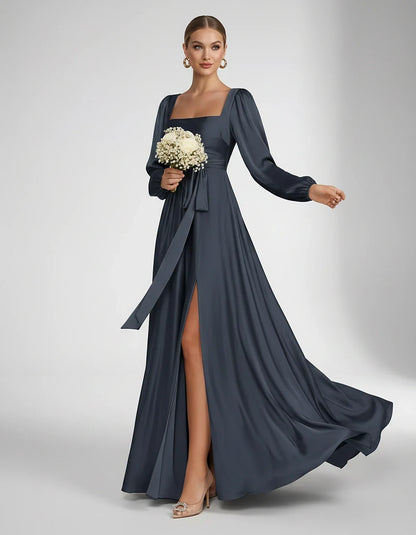 Satin Long Sleeve Square Neck A-Line Maxi Dress with Side Slit for Bridesmaid, Party, Cocktail, Evening, Wedding Guest & Summ | SKU: AMD-864521903781546-NAVY-L,AMD-864521903781546-NAVY-M,AMD-864521903781546-NAVY-S,AMD-864521903781546-NAVY-XL,AMD-864521903781546-NAVY-XS