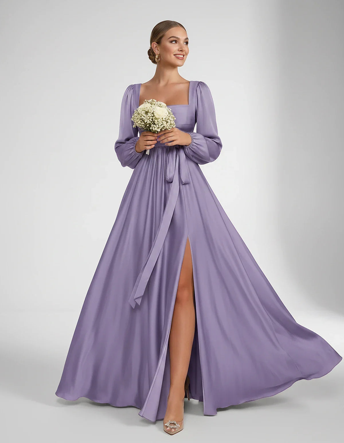 Satin Long Sleeve Square Neck A-Line Maxi Dress with Side Slit for Bridesmaid, Party, Cocktail, Evening, Wedding Guest & Summ | SKU: AMD-864521903781546-LILAC-L,AMD-864521903781546-LILAC-M,AMD-864521903781546-LILAC-S,AMD-864521903781546-LILAC-XL,AMD-864521903781546-LILAC-XS