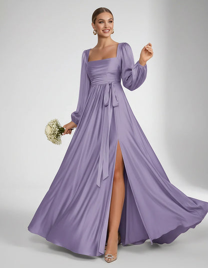 Satin Long Sleeve Square Neck A-Line Maxi Dress with Side Slit for Bridesmaid, Party, Cocktail, Evening, Wedding Guest & Summ | SKU: AMD-864521903781546-LILAC-L,AMD-864521903781546-LILAC-M,AMD-864521903781546-LILAC-S,AMD-864521903781546-LILAC-XL,AMD-864521903781546-LILAC-XS