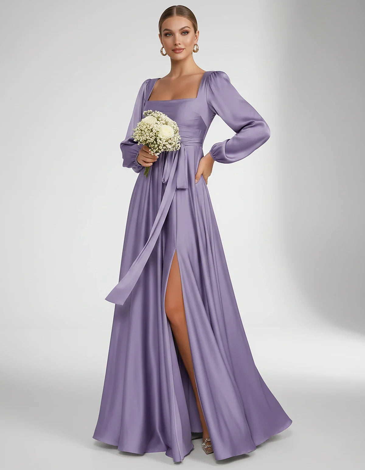 Satin Long Sleeve Square Neck A-Line Maxi Dress with Side Slit for Bridesmaid, Party, Cocktail, Evening, Wedding Guest & Summ | SKU: AMD-864521903781546-LILAC-L,AMD-864521903781546-LILAC-M,AMD-864521903781546-LILAC-S,AMD-864521903781546-LILAC-XL,AMD-864521903781546-LILAC-XS