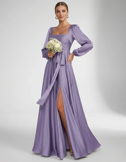 Satin Long Sleeve Square Neck A-Line Maxi Dress with Side Slit for Bridesmaid, Party, Cocktail, Evening, Wedding Guest & Summ | SKU: AMD-864521903781546-LILAC-L,AMD-864521903781546-LILAC-M,AMD-864521903781546-LILAC-S,AMD-864521903781546-LILAC-XL,AMD-864521903781546-LILAC-XS