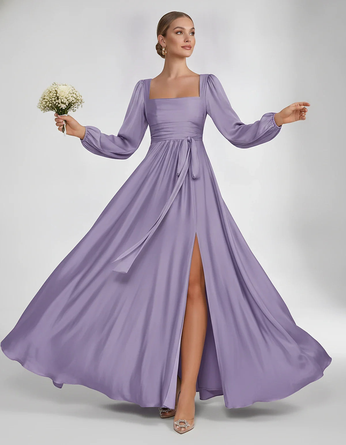 Satin Long Sleeve Square Neck A-Line Maxi Dress with Side Slit for Bridesmaid, Party, Cocktail, Evening, Wedding Guest & Summ | SKU: AMD-864521903781546-LILAC-L,AMD-864521903781546-LILAC-M,AMD-864521903781546-LILAC-S,AMD-864521903781546-LILAC-XL,AMD-864521903781546-LILAC-XS
