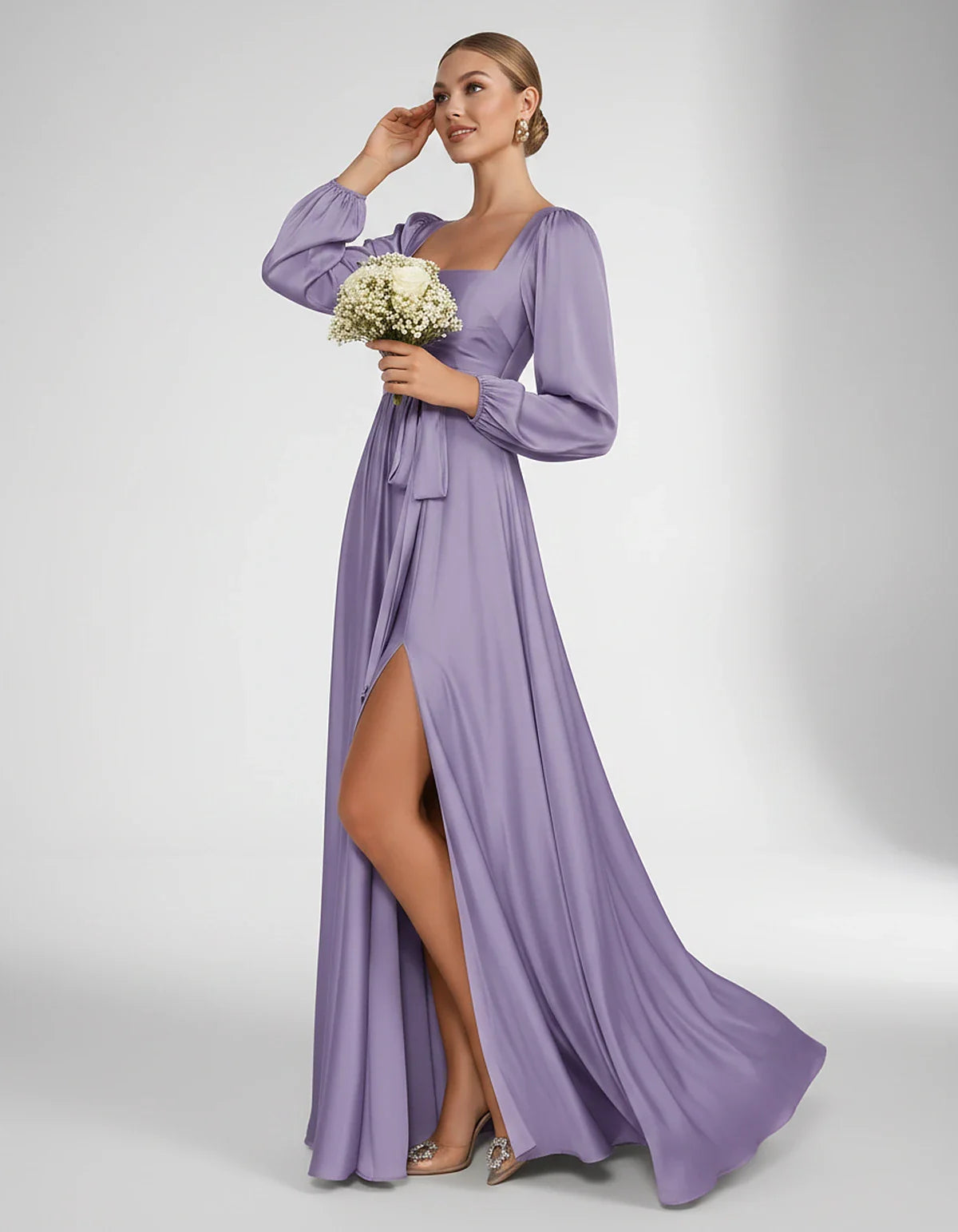 Satin Long Sleeve Square Neck A-Line Maxi Dress with Side Slit for Bridesmaid, Party, Cocktail, Evening, Wedding Guest & Summ | SKU: AMD-864521903781546-LILAC-L,AMD-864521903781546-LILAC-M,AMD-864521903781546-LILAC-S,AMD-864521903781546-LILAC-XL,AMD-864521903781546-LILAC-XS