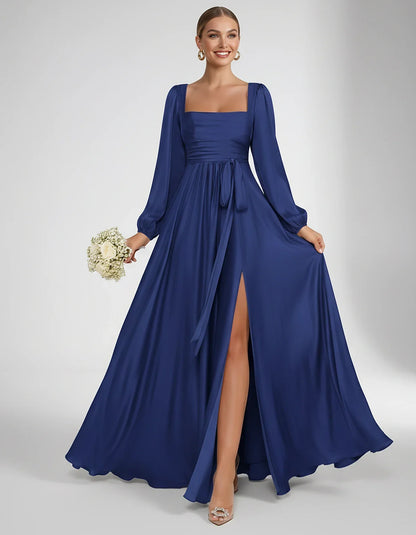 Satin Long Sleeve Square Neck A-Line Maxi Dress with Side Slit for Bridesmaid, Party, Cocktail, Evening, Wedding Guest & Summ | SKU: AMD-864521903781546-ROYALBLUE-L,AMD-864521903781546-ROYALBLUE-M,AMD-864521903781546-ROYALBLUE-S,AMD-864521903781546-ROYALBLUE-XL,AMD-864521903781546-ROYALBLUE-XS
