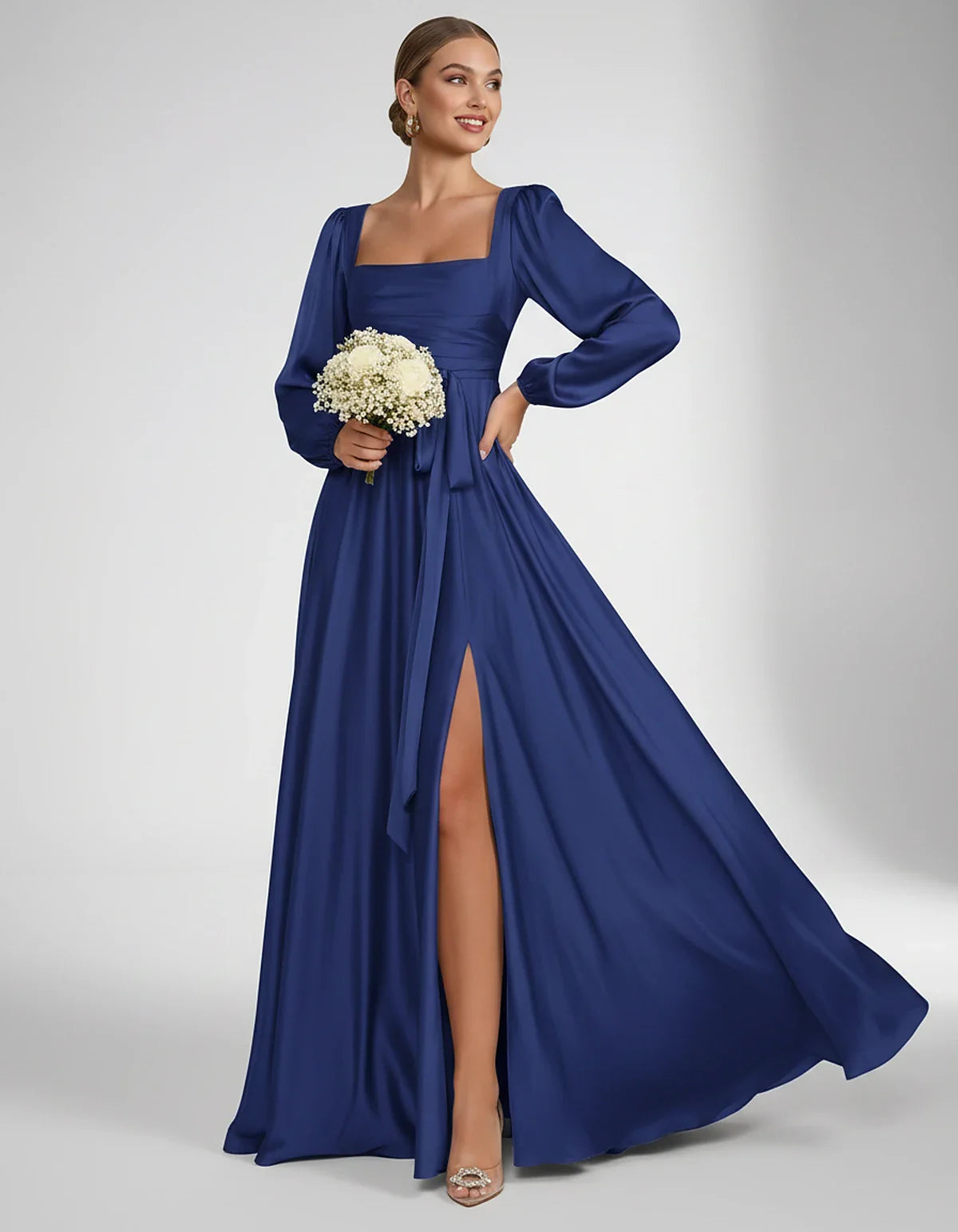 Satin Long Sleeve Square Neck A-Line Maxi Dress with Side Slit for Bridesmaid, Party, Cocktail, Evening, Wedding Guest & Summ | SKU: AMD-864521903781546-ROYALBLUE-L,AMD-864521903781546-ROYALBLUE-M,AMD-864521903781546-ROYALBLUE-S,AMD-864521903781546-ROYALBLUE-XL,AMD-864521903781546-ROYALBLUE-XS