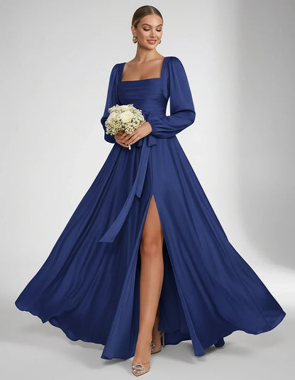 Satin Long Sleeve Square Neck A-Line Maxi Dress with Side Slit for Bridesmaid, Party, Cocktail, Evening, Wedding Guest & Summ | SKU: AMD-864521903781546-ROYALBLUE-L,AMD-864521903781546-ROYALBLUE-M,AMD-864521903781546-ROYALBLUE-S,AMD-864521903781546-ROYALBLUE-XL,AMD-864521903781546-ROYALBLUE-XS