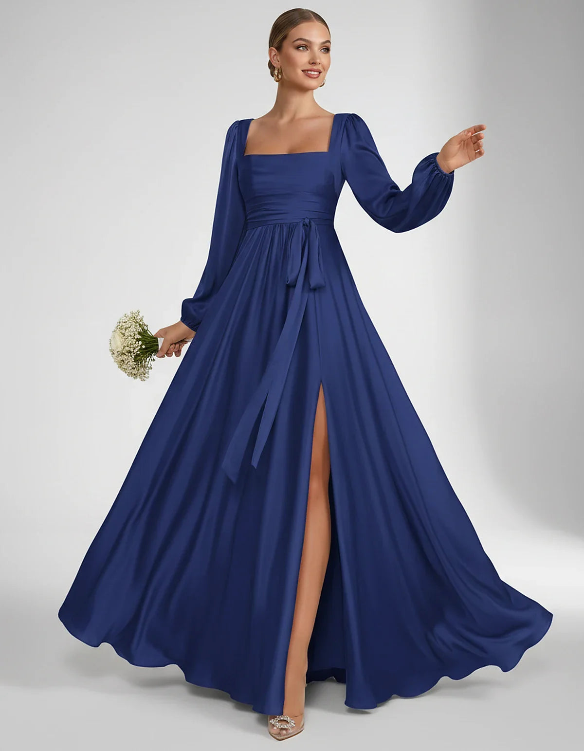 Satin Long Sleeve Square Neck A-Line Maxi Dress with Side Slit for Bridesmaid, Party, Cocktail, Evening, Wedding Guest & Summ | SKU: AMD-864521903781546-ROYALBLUE-L,AMD-864521903781546-ROYALBLUE-M,AMD-864521903781546-ROYALBLUE-S,AMD-864521903781546-ROYALBLUE-XL,AMD-864521903781546-ROYALBLUE-XS