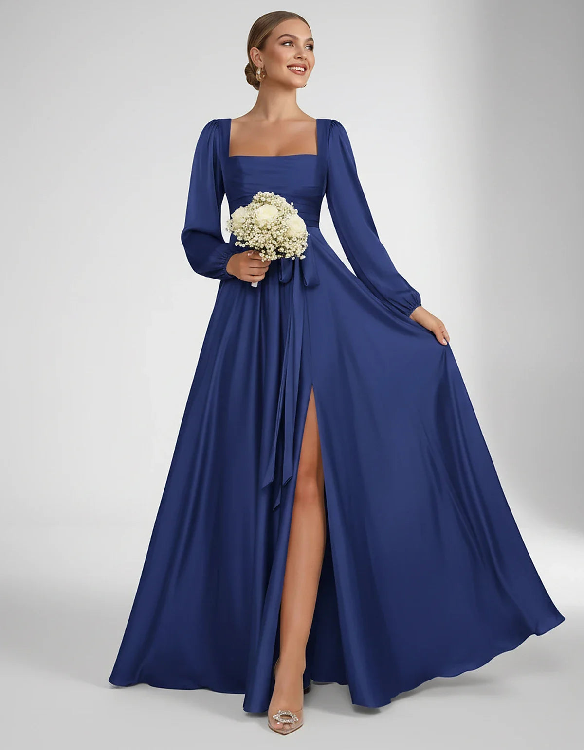 Satin Long Sleeve Square Neck A-Line Maxi Dress with Side Slit for Bridesmaid, Party, Cocktail, Evening, Wedding Guest & Summ | SKU: AMD-864521903781546-ROYALBLUE-L,AMD-864521903781546-ROYALBLUE-M,AMD-864521903781546-ROYALBLUE-S,AMD-864521903781546-ROYALBLUE-XL,AMD-864521903781546-ROYALBLUE-XS