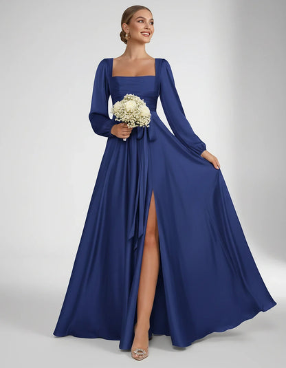 Satin Long Sleeve Square Neck A-Line Maxi Dress with Side Slit for Bridesmaid, Party, Cocktail, Evening, Wedding Guest & Summ | SKU: AMD-864521903781546-ROYALBLUE-L,AMD-864521903781546-ROYALBLUE-M,AMD-864521903781546-ROYALBLUE-S,AMD-864521903781546-ROYALBLUE-XL,AMD-864521903781546-ROYALBLUE-XS