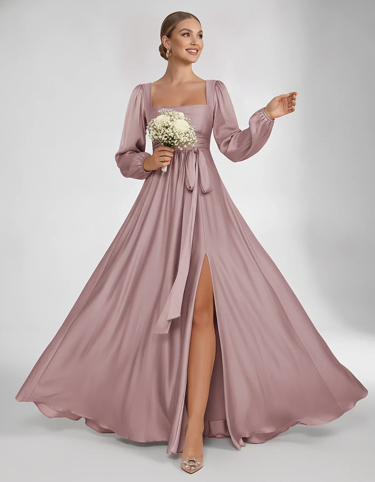 Satin Long Sleeve Square Neck A-Line Maxi Dress with Side Slit for Bridesmaid, Party, Cocktail, Evening, Wedding Guest & Summ | SKU: AMD-864521903781546-DUSTYROSE-L,AMD-864521903781546-DUSTYROSE-M,AMD-864521903781546-DUSTYROSE-S,AMD-864521903781546-DUSTYROSE-XL,AMD-864521903781546-DUSTYROSE-XS