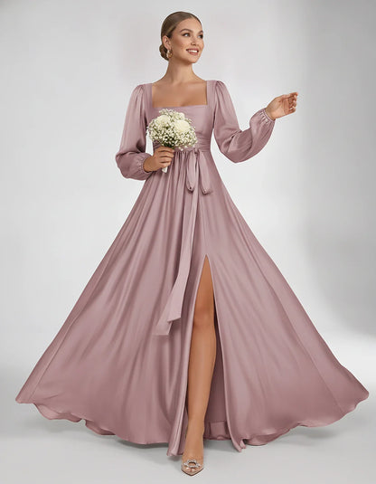 Satin Long Sleeve Square Neck A-Line Maxi Dress with Side Slit for Bridesmaid, Party, Cocktail, Evening, Wedding Guest & Summ | SKU: AMD-864521903781546-DUSTYROSE-L,AMD-864521903781546-DUSTYROSE-M,AMD-864521903781546-DUSTYROSE-S,AMD-864521903781546-DUSTYROSE-XL,AMD-864521903781546-DUSTYROSE-XS