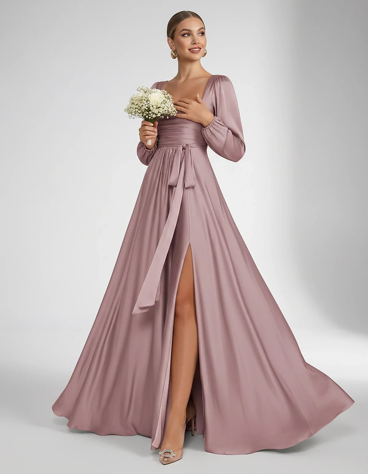 Satin Long Sleeve Square Neck A-Line Maxi Dress with Side Slit for Bridesmaid, Party, Cocktail, Evening, Wedding Guest & Summ | SKU: AMD-864521903781546-DUSTYROSE-L,AMD-864521903781546-DUSTYROSE-M,AMD-864521903781546-DUSTYROSE-S,AMD-864521903781546-DUSTYROSE-XL,AMD-864521903781546-DUSTYROSE-XS