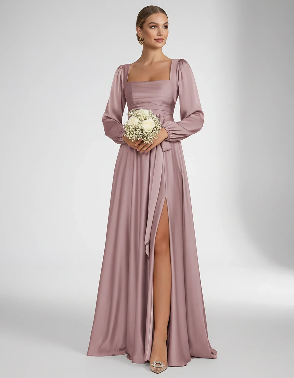 Satin Long Sleeve Square Neck A-Line Maxi Dress with Side Slit for Bridesmaid, Party, Cocktail, Evening, Wedding Guest & Summ | SKU: AMD-864521903781546-DUSTYROSE-L,AMD-864521903781546-DUSTYROSE-M,AMD-864521903781546-DUSTYROSE-S,AMD-864521903781546-DUSTYROSE-XL,AMD-864521903781546-DUSTYROSE-XS