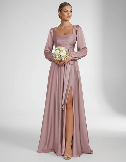 Satin Long Sleeve Square Neck A-Line Maxi Dress with Side Slit for Bridesmaid, Party, Cocktail, Evening, Wedding Guest & Summ | SKU: AMD-864521903781546-DUSTYROSE-L,AMD-864521903781546-DUSTYROSE-M,AMD-864521903781546-DUSTYROSE-S,AMD-864521903781546-DUSTYROSE-XL,AMD-864521903781546-DUSTYROSE-XS