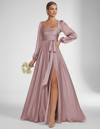 Satin Long Sleeve Square Neck A-Line Maxi Dress with Side Slit for Bridesmaid, Party, Cocktail, Evening, Wedding Guest & Summ | SKU: AMD-864521903781546-DUSTYROSE-L,AMD-864521903781546-DUSTYROSE-M,AMD-864521903781546-DUSTYROSE-S,AMD-864521903781546-DUSTYROSE-XL,AMD-864521903781546-DUSTYROSE-XS