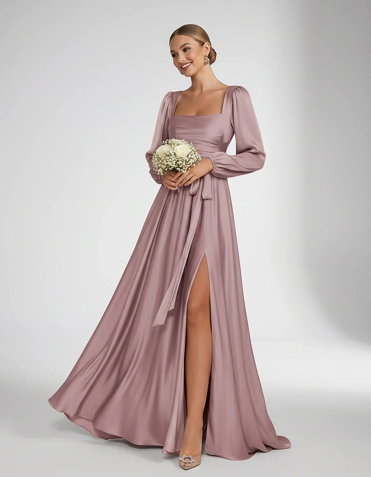 Satin Long Sleeve Square Neck A-Line Maxi Dress with Side Slit for Bridesmaid, Party, Cocktail, Evening, Wedding Guest & Summ | SKU: AMD-864521903781546-DUSTYROSE-L,AMD-864521903781546-DUSTYROSE-M,AMD-864521903781546-DUSTYROSE-S,AMD-864521903781546-DUSTYROSE-XL,AMD-864521903781546-DUSTYROSE-XS