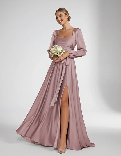Satin Long Sleeve Square Neck A-Line Maxi Dress with Side Slit for Bridesmaid, Party, Cocktail, Evening, Wedding Guest & Summ | SKU: AMD-864521903781546-DUSTYROSE-L,AMD-864521903781546-DUSTYROSE-M,AMD-864521903781546-DUSTYROSE-S,AMD-864521903781546-DUSTYROSE-XL,AMD-864521903781546-DUSTYROSE-XS