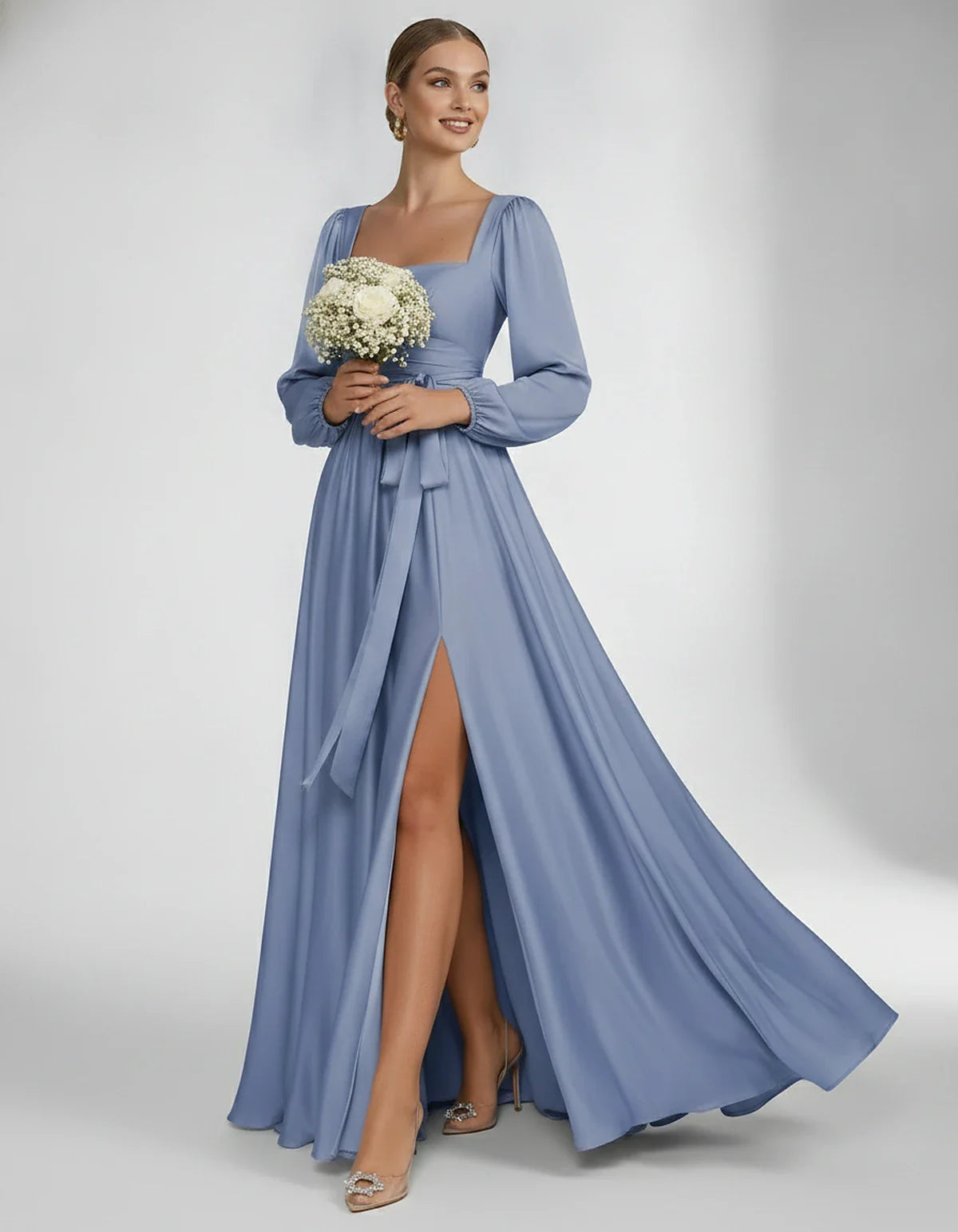 Satin Long Sleeve Square Neck A-Line Maxi Dress with Side Slit for Bridesmaid, Party, Cocktail, Evening, Wedding Guest & Summ | SKU: AMD-864521903781546-DUSTY-BLUE-L,AMD-864521903781546-DUSTY-BLUE-M,AMD-864521903781546-DUSTY-BLUE-S,AMD-864521903781546-DUSTY-BLUE-XL,AMD-864521903781546-DUSTY-BLUE-XS