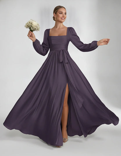 Satin Long Sleeve Square Neck A-Line Maxi Dress with Side Slit for Bridesmaid, Party, Cocktail, Evening, Wedding Guest & Summ | SKU: AMD-864521903781546-GRAPE-L,AMD-864521903781546-GRAPE-M,AMD-864521903781546-GRAPE-S,AMD-864521903781546-GRAPE-XL,AMD-864521903781546-GRAPE-XS