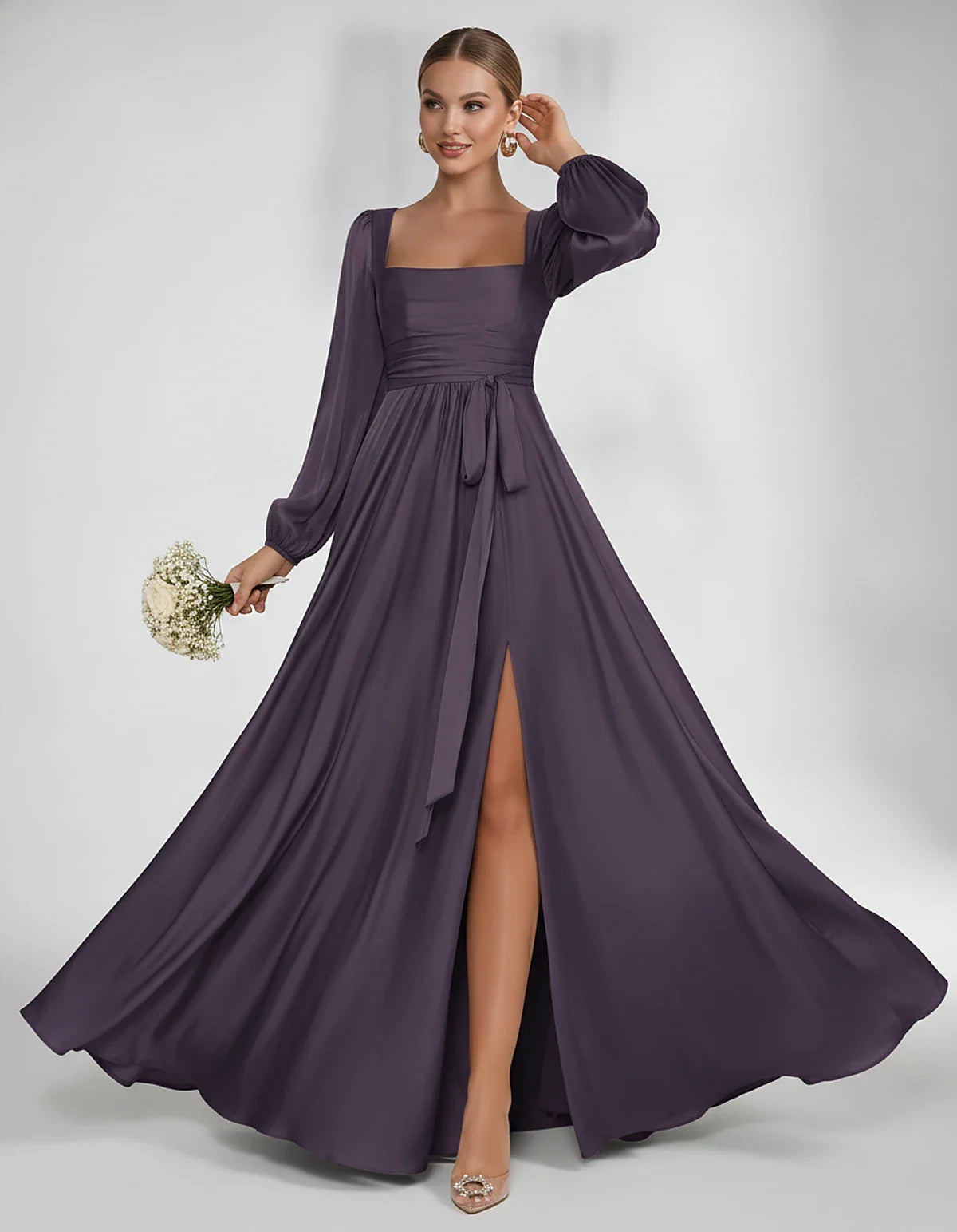 Satin Long Sleeve Square Neck A-Line Maxi Dress with Side Slit for Bridesmaid, Party, Cocktail, Evening, Wedding Guest & Summ | SKU: AMD-864521903781546-GRAPE-L,AMD-864521903781546-GRAPE-M,AMD-864521903781546-GRAPE-S,AMD-864521903781546-GRAPE-XL,AMD-864521903781546-GRAPE-XS