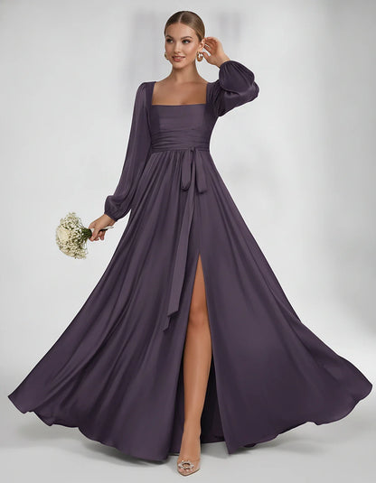 Satin Long Sleeve Square Neck A-Line Maxi Dress with Side Slit for Bridesmaid, Party, Cocktail, Evening, Wedding Guest & Summ | SKU: AMD-864521903781546-GRAPE-L,AMD-864521903781546-GRAPE-M,AMD-864521903781546-GRAPE-S,AMD-864521903781546-GRAPE-XL,AMD-864521903781546-GRAPE-XS