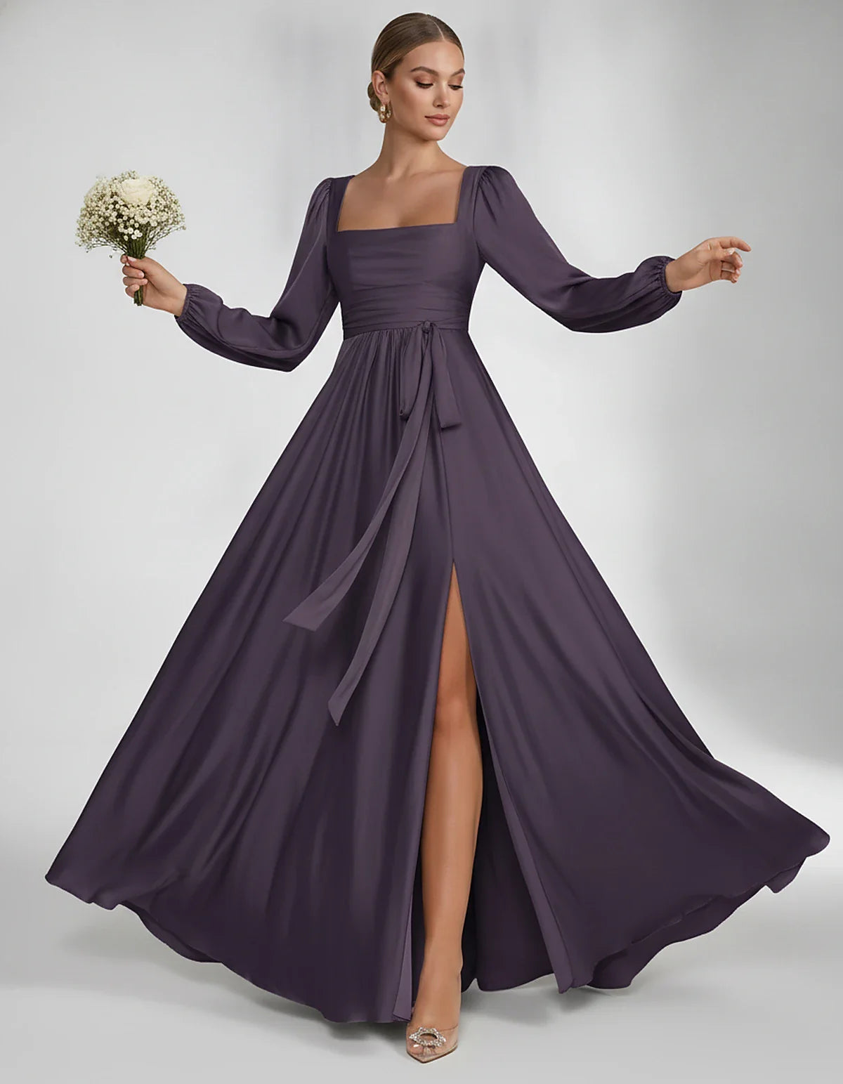 Satin Long Sleeve Square Neck A-Line Maxi Dress with Side Slit for Bridesmaid, Party, Cocktail, Evening, Wedding Guest & Summ | SKU: AMD-864521903781546-GRAPE-L,AMD-864521903781546-GRAPE-M,AMD-864521903781546-GRAPE-S,AMD-864521903781546-GRAPE-XL,AMD-864521903781546-GRAPE-XS