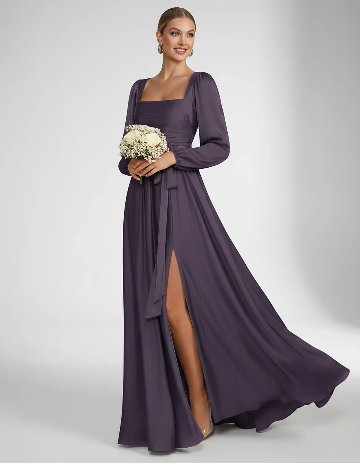 Satin Long Sleeve Square Neck A-Line Maxi Dress with Side Slit for Bridesmaid, Party, Cocktail, Evening, Wedding Guest & Summ | SKU: AMD-864521903781546-GRAPE-L,AMD-864521903781546-GRAPE-M,AMD-864521903781546-GRAPE-S,AMD-864521903781546-GRAPE-XL,AMD-864521903781546-GRAPE-XS