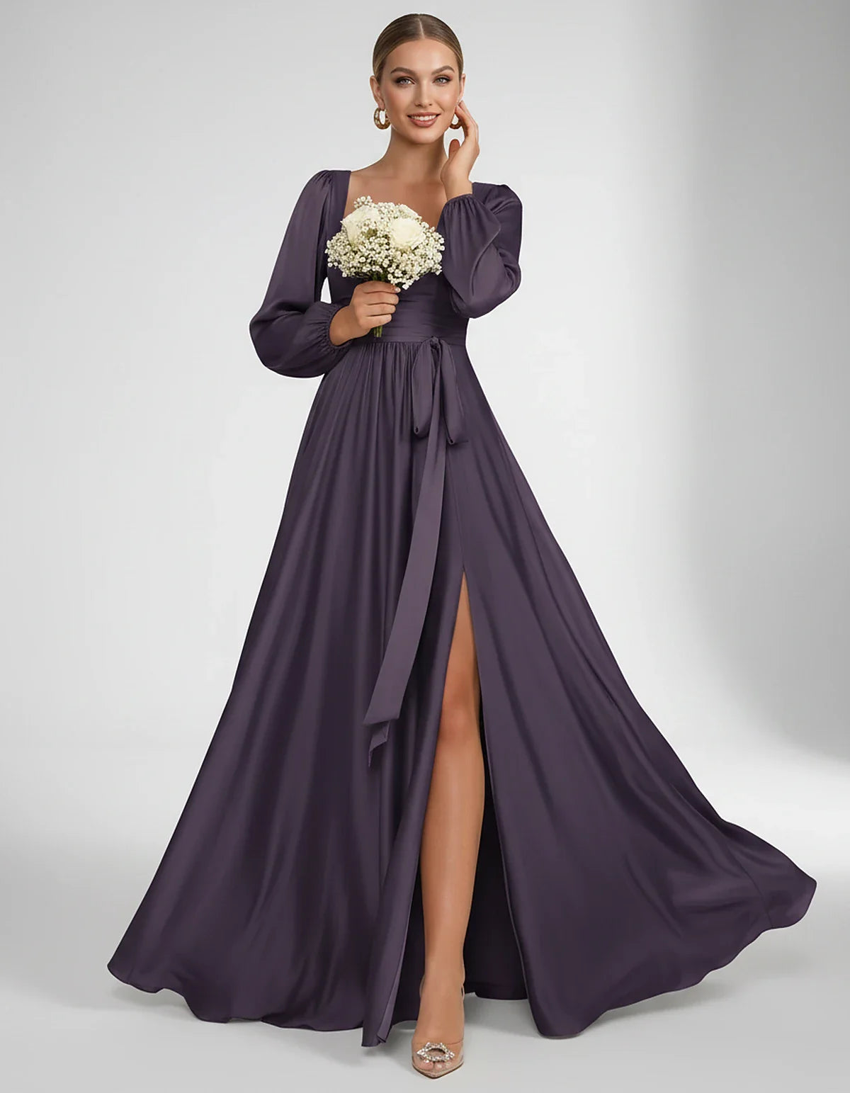 Satin Long Sleeve Square Neck A-Line Maxi Dress with Side Slit for Bridesmaid, Party, Cocktail, Evening, Wedding Guest & Summ | SKU: AMD-864521903781546-GRAPE-L,AMD-864521903781546-GRAPE-M,AMD-864521903781546-GRAPE-S,AMD-864521903781546-GRAPE-XL,AMD-864521903781546-GRAPE-XS