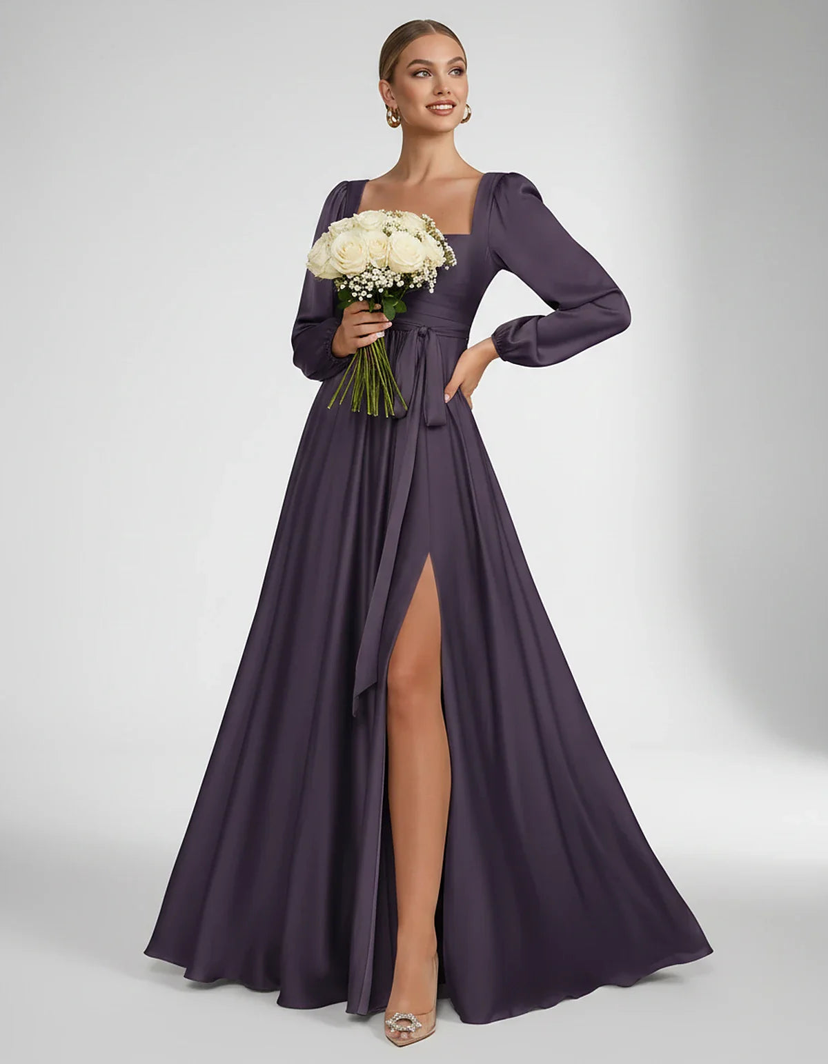 Satin Long Sleeve Square Neck A-Line Maxi Dress with Side Slit for Bridesmaid, Party, Cocktail, Evening, Wedding Guest & Summ | SKU: AMD-864521903781546-GRAPE-L,AMD-864521903781546-GRAPE-M,AMD-864521903781546-GRAPE-S,AMD-864521903781546-GRAPE-XL,AMD-864521903781546-GRAPE-XS